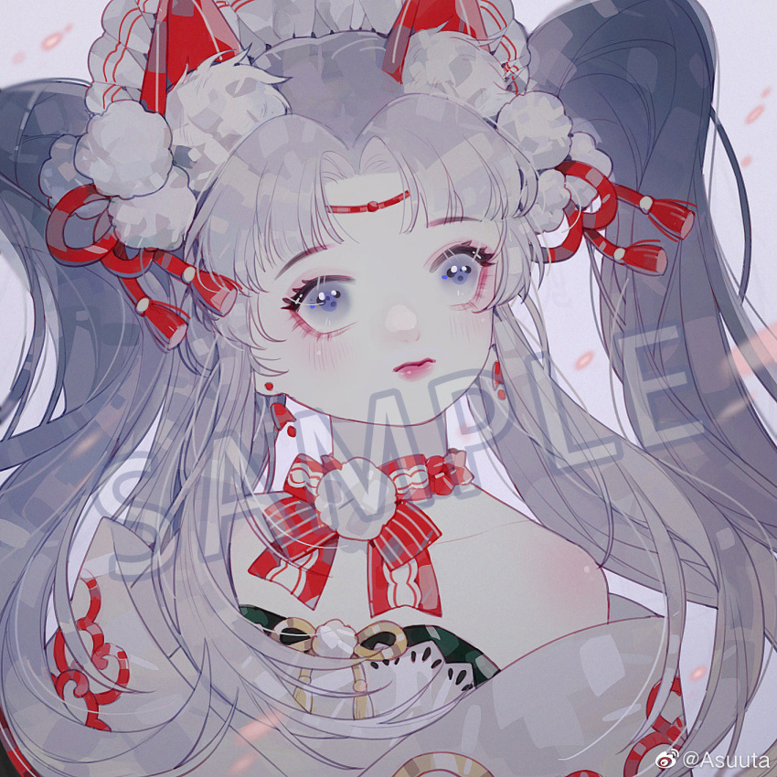 1girl, animal_ear_fluff, animal_ears, asuuta, bare_shoulders, blue_eyes, blunt_bangs, bow