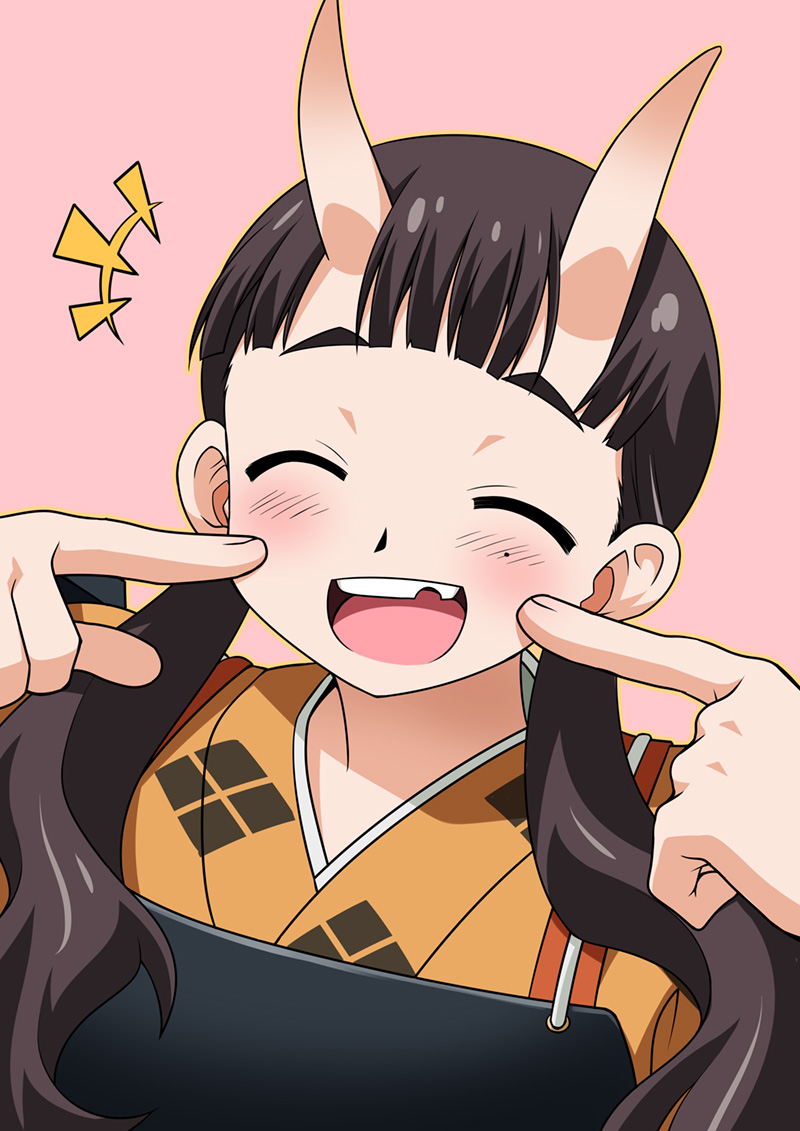 1girl, :d, ^_^, akou_roushi, armor, black_hair, blunt_bangs, blush