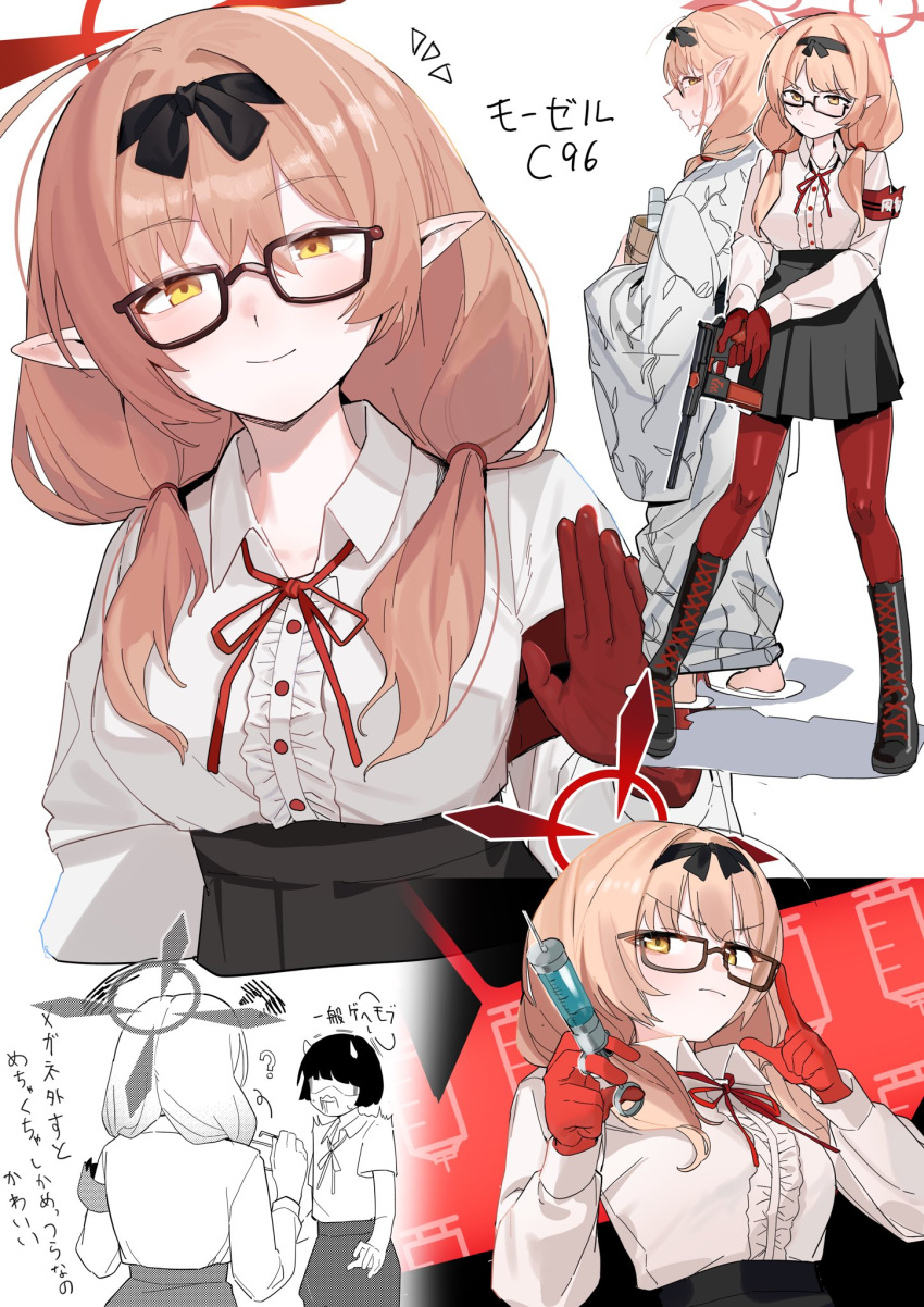 2girls, armband, black_hairband, black_skirt, blue_archive, blush, boots, breasts