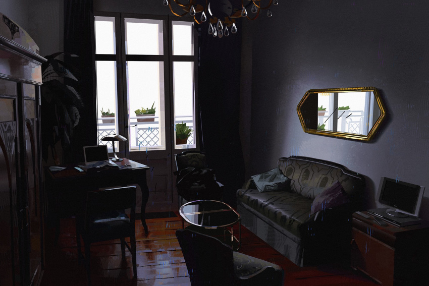 balcony, chair, chandelier, coffee_table, commentary, computer, controller, couch