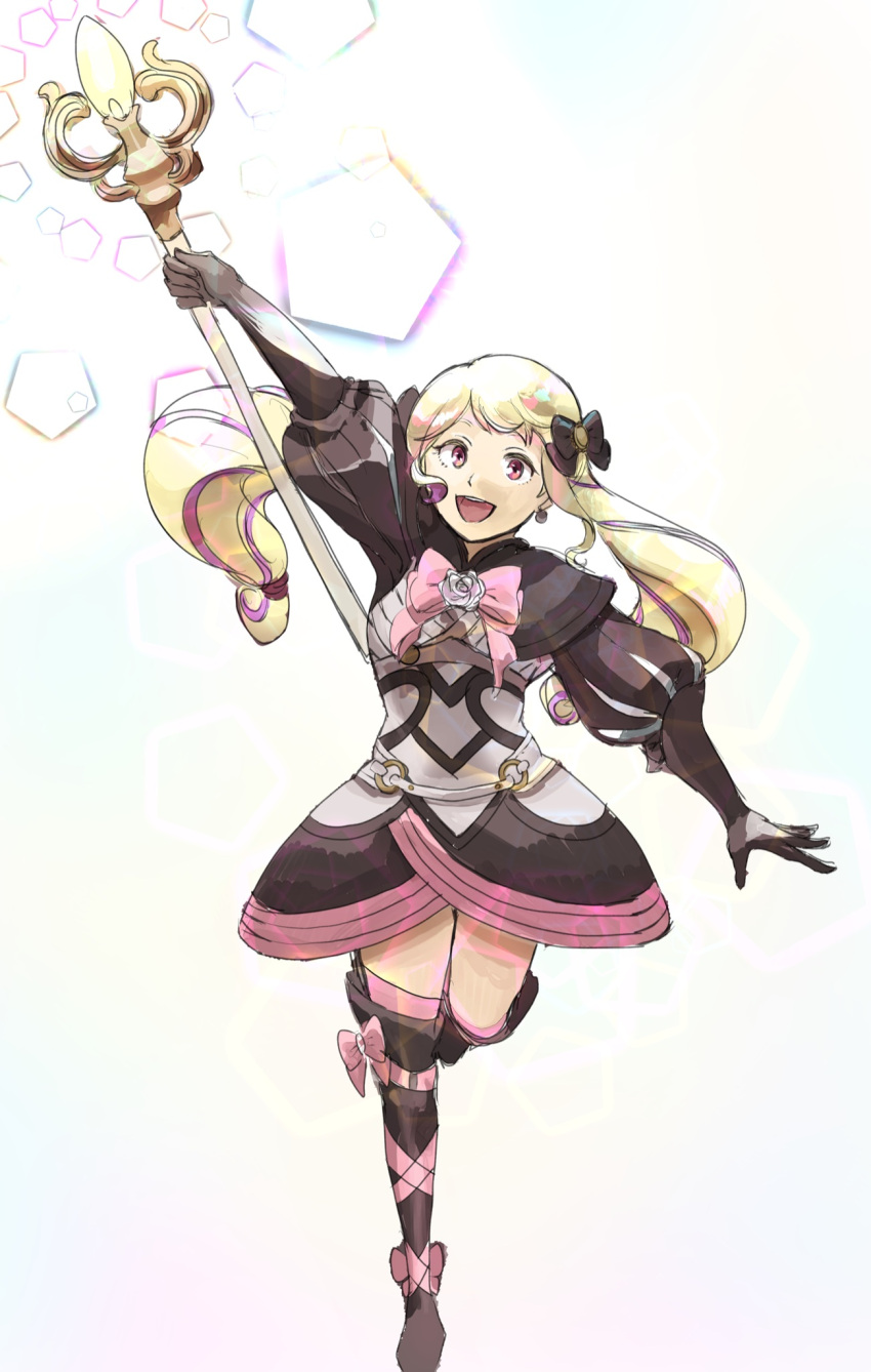 1girl, aristocratic_clothes, bavaa, blonde_hair, bow, drill_hair, elise_(fire_emblem), fire_emblem, fire_emblem_fates, gloves, hair_bow, highres, holding, holding_staff, long_hair, looking_at_viewer, open_mouth, purple_hair, smile, staff, twin_drills, twintails, violet_eyes
