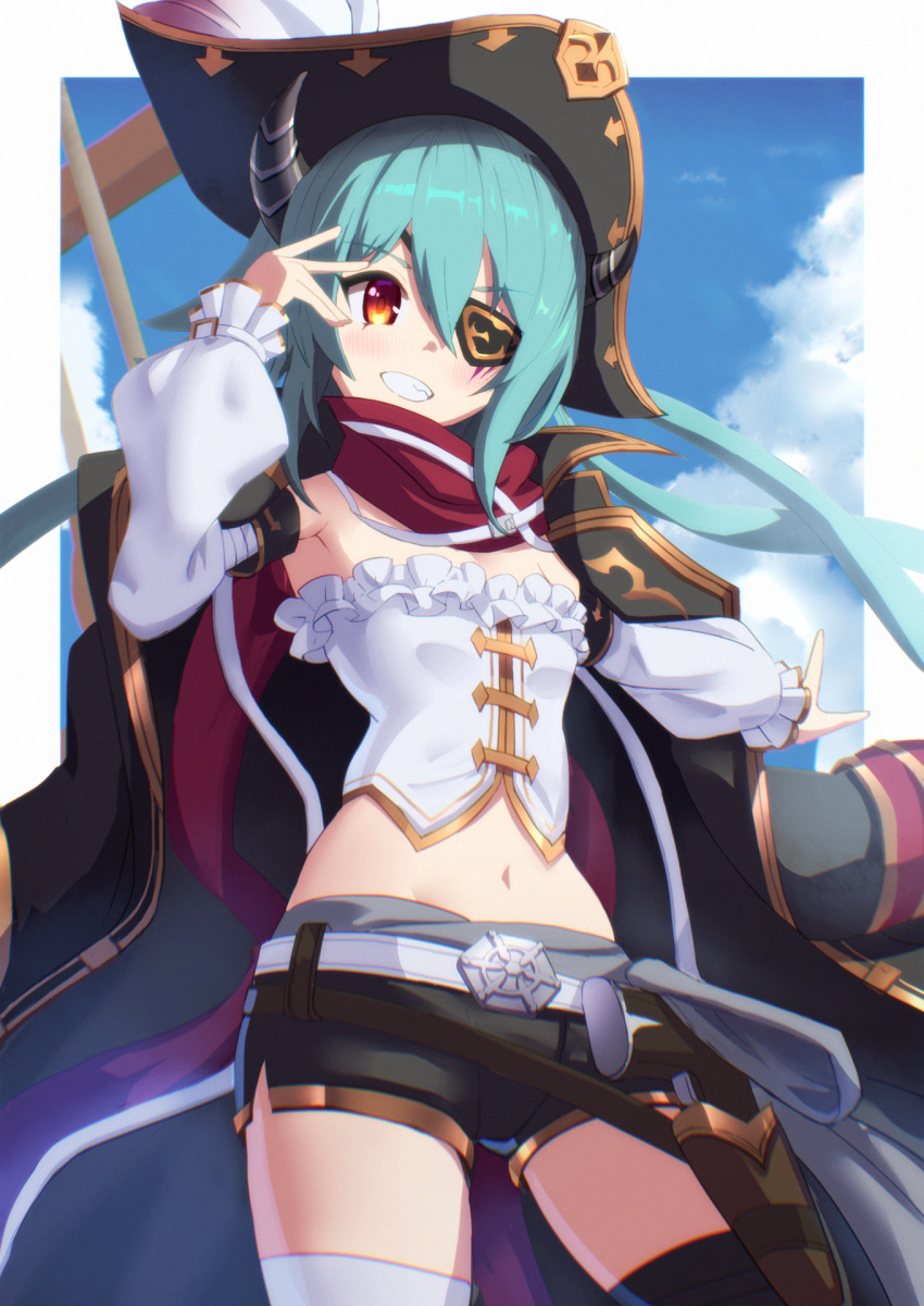 1girl, anna_(pirate)_(princess_connect!), anna_(princess_connect!), asymmetrical_legwear, belt, black_horns, boots, eyepatch