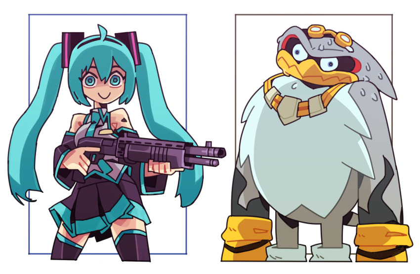 1boy, 1girl, aqua_eyes, aqua_hair, bare_shoulders, black_skirt, black_sleeves, black_thighhighs