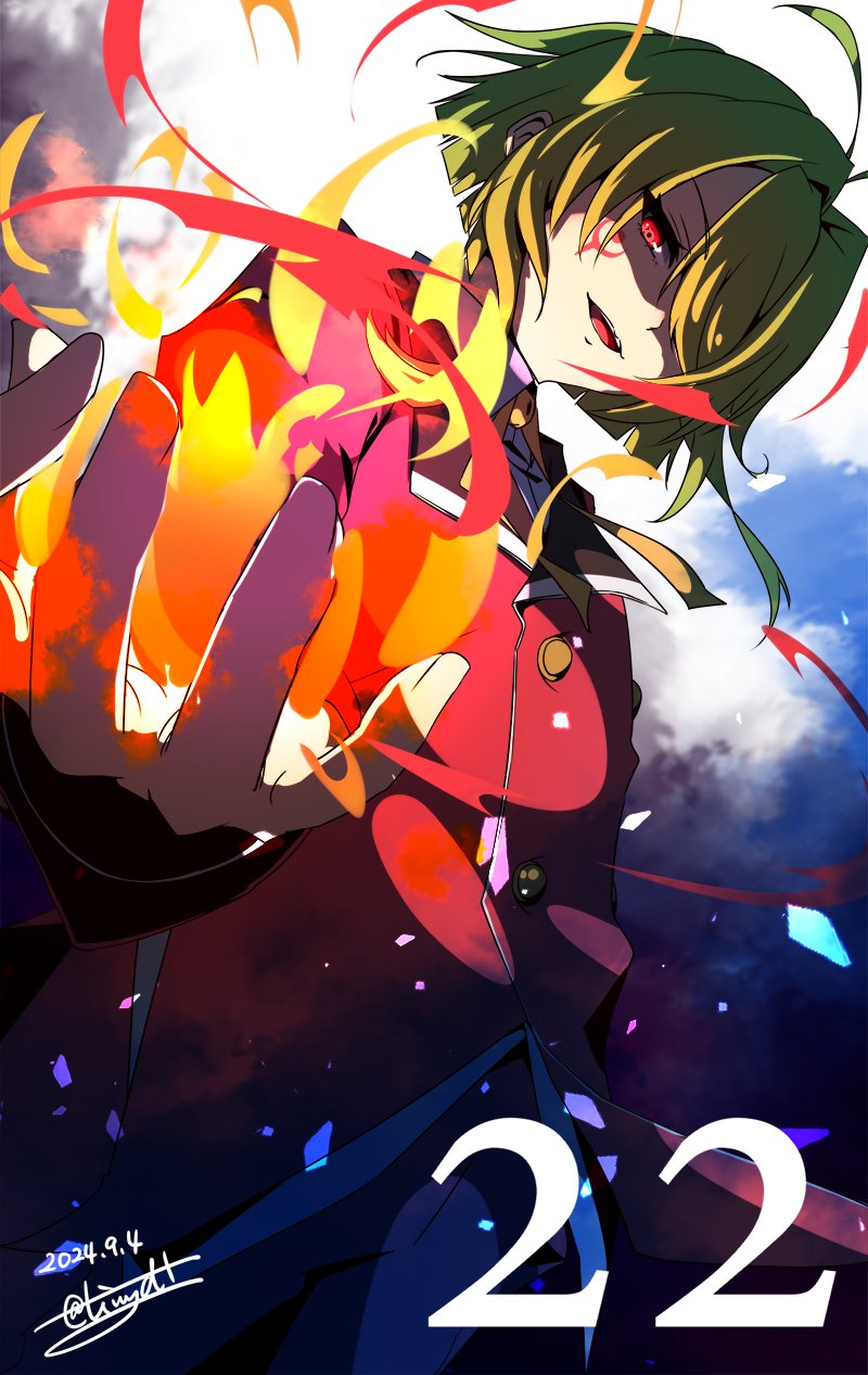 1boy, ahoge, campanella_(eiyuu_densetsu), countdown, dated, eiyuu_densetsu, fire, green_hair