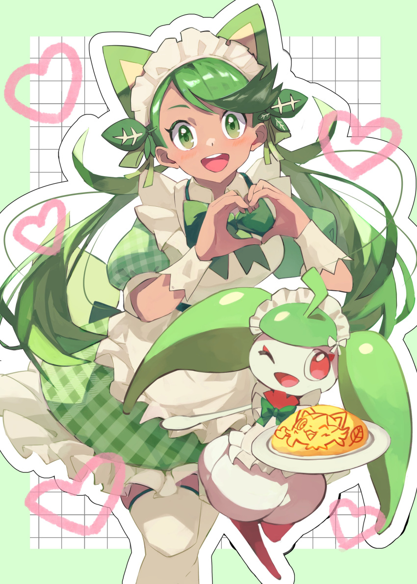 1girl, absurdres, apron, blush, bounsweet, breasts, dark-skinned_female, dark_skin, dress, egg, flower, frilled_apron, frills, gara_(qbeuxvii22), green_eyes, green_hair, hair_flower, hair_ornament, highres, holding, long_hair, looking_at_viewer, maid, maid_apron, maid_headdress, mallow_(pokemon), one_eye_closed, open_mouth, pokemon, pokemon_(anime), pokemon_(creature), pokemon_sm_(anime), smile, twintails, waist_apron, white_apron