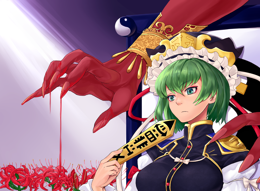 blood, breasts, eyeliner, fingernails, flower, green_eyes, green_hair, hands
