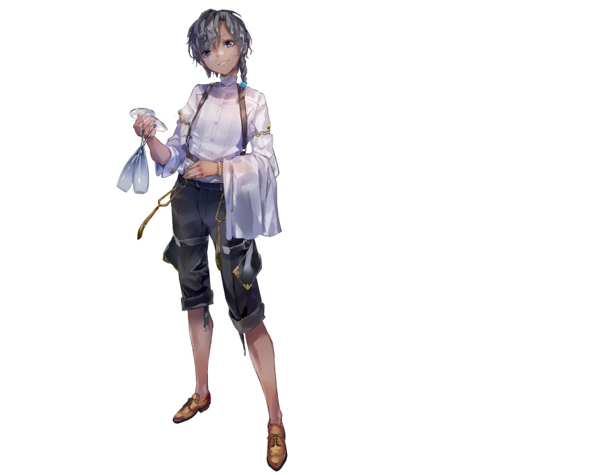 1boy, absurdres, atelier_(series), atelier_sophie_2, black_hair, black_pants, bracelet, braid, brown_footwear, champagne_flute, chest_harness, collared_shirt, cup, dark-skinned_male, dark_skin, drinking_glass, full_body, gnome_dumortier, harness, highres, holding, holding_cup, holding_towel, jewelry, loafers, long_sleeves, looking_at_viewer, male_focus, official_art, open_mouth, pants, second-party_source, shirt, shoes, short_hair, side_braid, simple_background, smile, solo, standing, towel, violet_eyes, white_background, white_shirt, yuugen