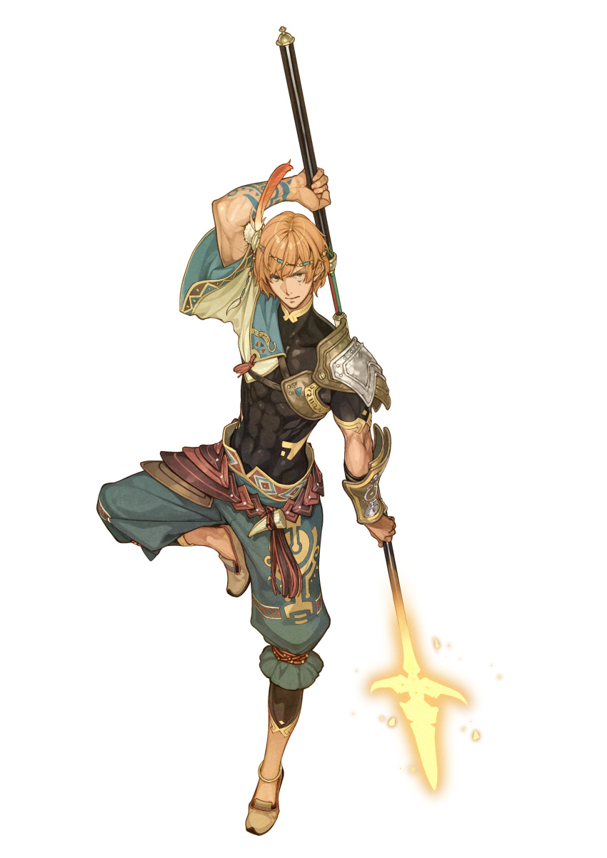 1boy, abs, absurdres, anklet, arm_tattoo, arm_up, armor, atelier_(series), atelier_shallie, beads, blue_pants, brown_footwear, brown_hair, circlet, closed_mouth, covered_navel, detached_sleeves, facial_mark, fang, feather_hair_ornament, feathers, full_body, glowing, glowing_weapon, hair_ornament, hidari_(left_side), highres, holding, holding_weapon, jewelry, kortes_(atelier), looking_at_viewer, male_focus, official_art, orange_hair, pants, pauldrons, polearm, pom_pom_(clothes), shoes, short_sleeves, shoulder_armor, simple_background, single_sleeve, skin_tight, smile, solo, spear, standing, standing_on_one_leg, streamers, tattoo, vambraces, weapon, white_background