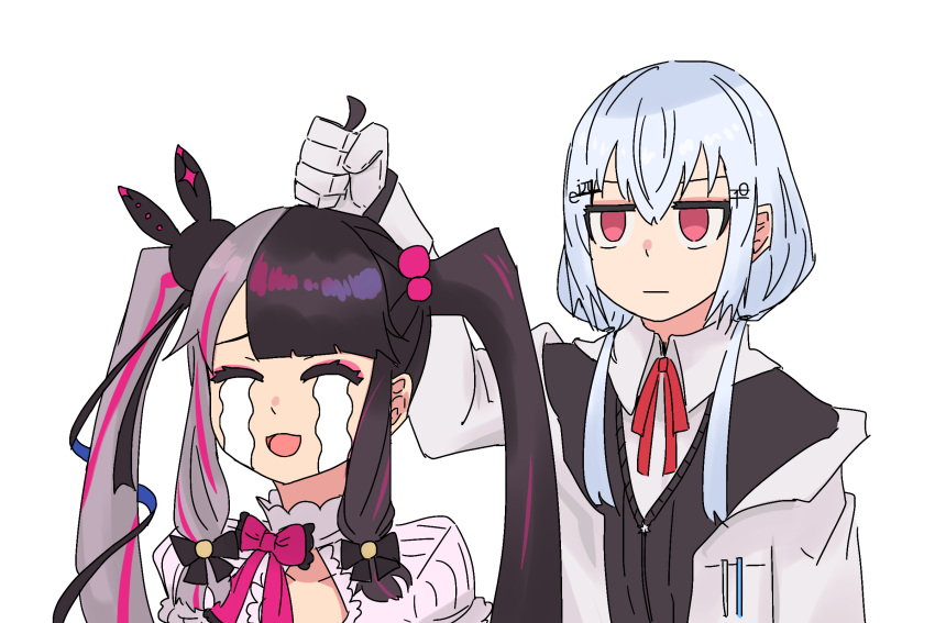 2girls, :d, ahoge_grab, black_hair, black_jacket, bow, closed_eyes, collarbone, collared_shirt, commentary_request, crying, gloves, grabbing_another's_hair, grey_hair, hair_between_eyes, hair_bobbles, hair_ornament, hair_over_shoulder, hairclip, hakase_fuyuki, hakase_fuyuki_(1st_costume), highres, jacket, long_hair, low_twintails, multicolored_hair, multiple_girls, neck_ribbon, nijisanji, off_shoulder, open_clothes, open_jacket, pink_bow, purple_hair, red_eyes, red_ribbon, ribbon, shirt, simple_background, smile, streaked_hair, streaming_tears, tears, twintails, two-tone_hair, virtual_youtuber, white_background, white_gloves, white_jacket, white_shirt, yorumi_rena, yorumi_rena_(1st_costume), yowayowap