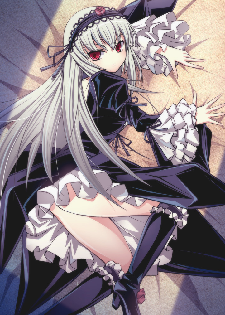 artist_request, ass, blush, boots, crimson_eyes, dress, flower, frills, from_above, hairband, jabot, knee_boots, long_hair, looking_back, lying, no_panties, purple_rose, red_eyes, rose, rozen_maiden, shimamoto_utsumi, silver_hair, skirt, skirt_lift, solo, suigintou, thighs, white_hair