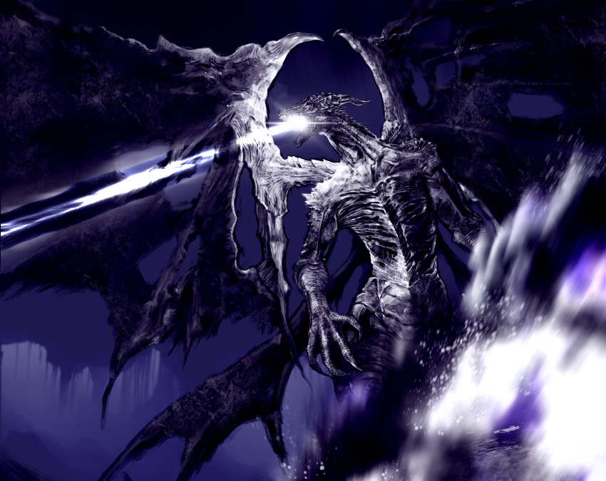 absurdres, black_fire, cave, cave_interior, commentary, dark_souls_(series), dark_souls_iii, darkeater_midir, dated_commentary, dragon, explosion, fire, full_body, highres, laser, no_humans, open_mouth, purple_fire, purple_theme, stalactite, standing, xoo_(user_xzpt5477)
