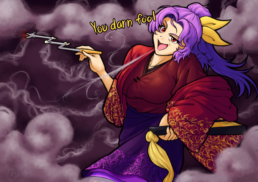 1girl, blowing_smoke, bread_master, breasts, commentary, english_text, hair_ribbon, hand_fan