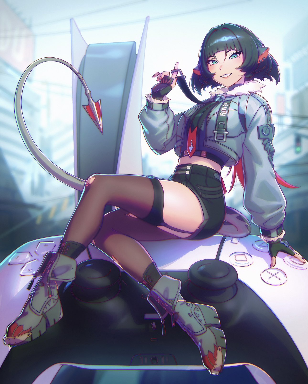 animal_ears, aqua_eyes, arm_support, billboard, black_gloves, black_hair, black_necktie, black_shirt, black_shorts, black_socks, black_thighhighs, blue_jacket, blunt_bangs, blurry, blurry_background, bob_cut, boots, breasts, building, commentary, commission, crop_top, cropped_jacket, cropped_shirt, denim, denim_jacket, depth_of_field, earrings, english_commentary, eyelashes, from_side, full_body, fur-trimmed_jacket, fur_trim, game_console, garter_straps, gloves, grey_footwear, high-waist_shorts, highres, holding_strap, ilya_kuvshinov, jacket, jane_doe_(zenless_zone_zero), jewelry, leaning_back, light_blush, long_hair, long_sleeves, long_tail, looking_at_viewer, looking_to_the_side, loose_hair_strand, medium_breasts, midriff, mini_person, minigirl, mouse_ears, mouse_girl, mouse_tail, multicolored_hair, multiple_earrings, necktie, open_clothes, open_jacket, parted_lips, playstation_5, ponytail, power_lines, red_necktie, redhead, see-through, see-through_thighhighs, sharp_tail, shirt, short_shorts, shorts, sitting, smile, socks, stud_earrings, tail, thigh-highs, torn_clothes, torn_thighhighs, traffic_light, turtleneck, two-tone_hair, two-tone_necktie, zenless_zone_zero