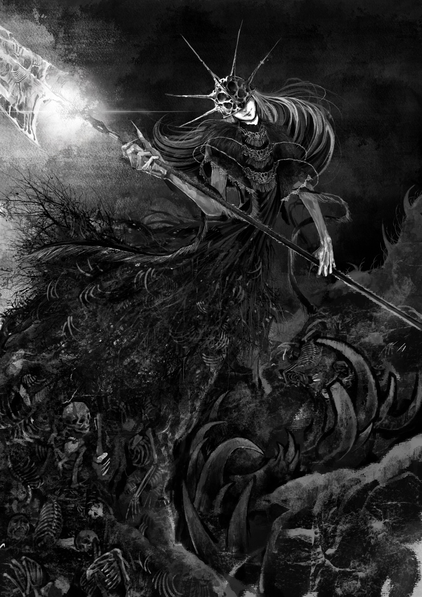 1boy, absurdres, aldrich_devourer_of_gods, capelet, closed_mouth, commentary, dark_souls_(series), dark_souls_iii, dark_sun_gwyndolin, dated_commentary, demon_boy, full_body, greyscale, helmet, highres, holding, holding_polearm, holding_weapon, long_hair, male_focus, monochrome, monster_boy, polearm, robe, skeleton, smile, solo, spear, teeth, undead, very_long_hair, weapon, xoo_(user_xzpt5477)