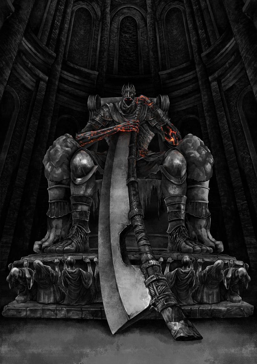 1boy, absurdres, armor, chainmail, cleaver, commentary, crown, dark_souls_(series), dark_souls_iii, dated_commentary, embers, eyes_in_shadow, full_body, glowing_skin, greyscale, highres, holding_cleaver, indoors, looking_at_viewer, male_focus, monochrome, pauldrons, poleyn, red_eyes, shoulder_armor, sitting, socks, solo, spot_color, stirrup_legwear, throne, toeless_legwear, xoo_(user_xzpt5477), yhorm_the_giant