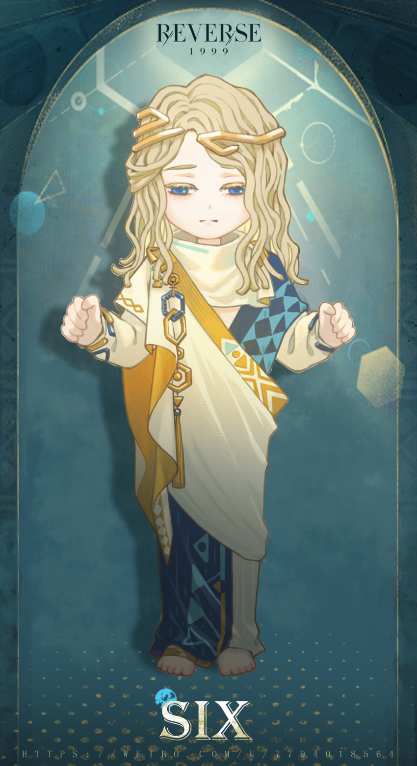 1boy, 6_(reverse:1999), absurdres, ancient_greek_clothes, barefoot, blonde_hair, blue_background, blue_eyes