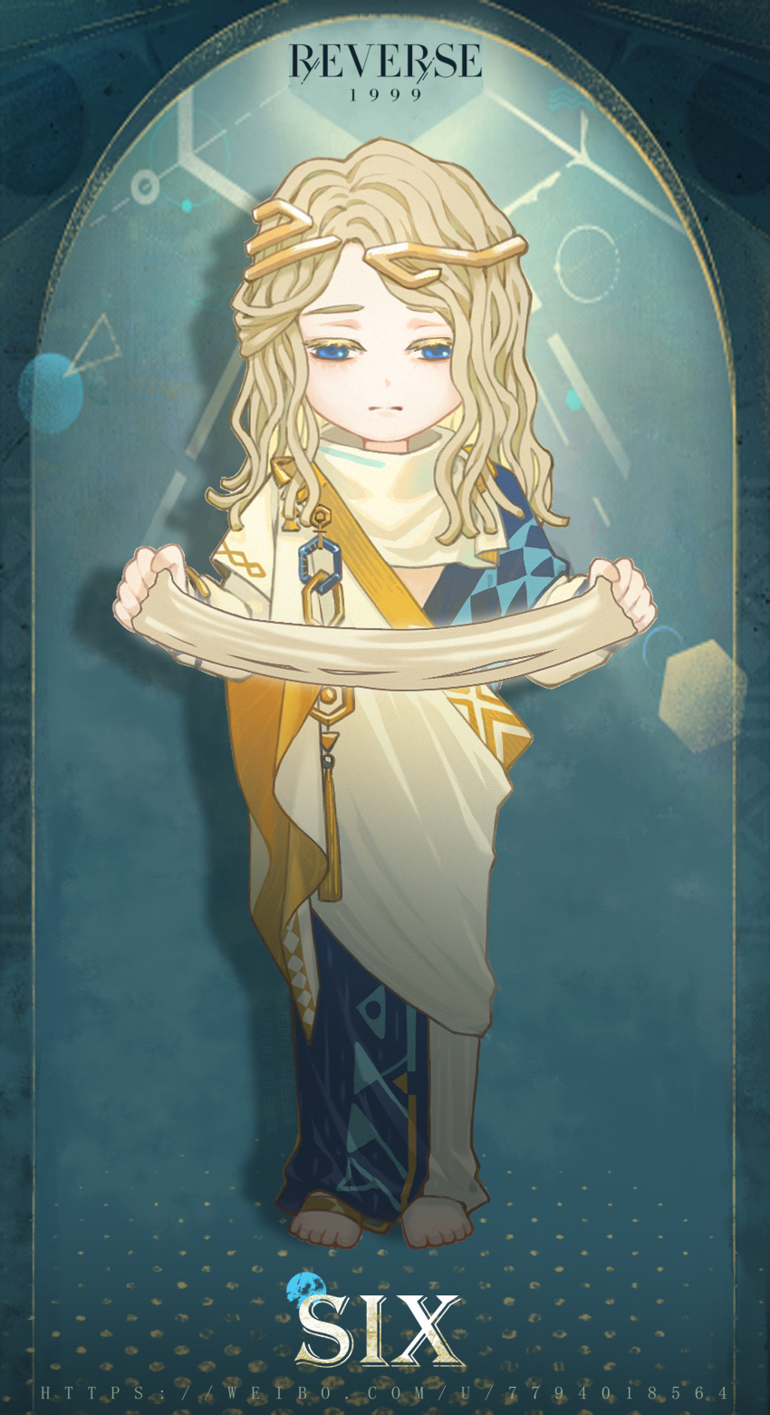 1boy, 6_(reverse:1999), absurdres, ancient_greek_clothes, barefoot, blonde_hair, blue_background, blue_eyes