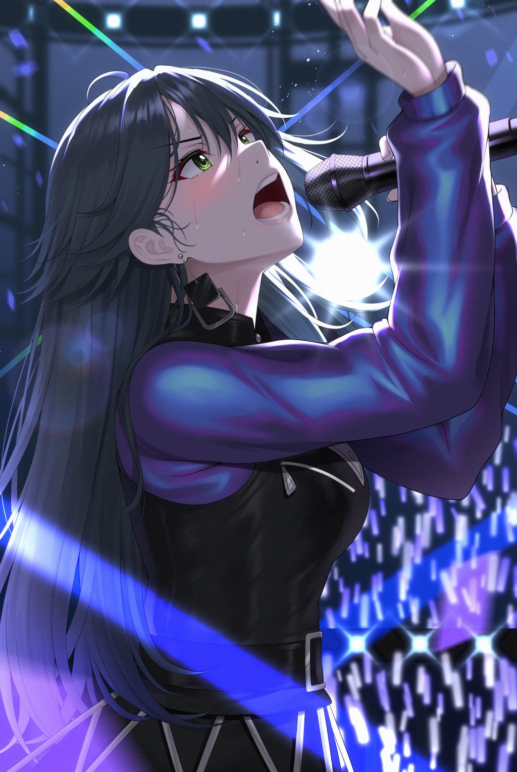 1girl, antenna_hair, belt, black_belt, black_dress, black_hair, blurry, blurry_background