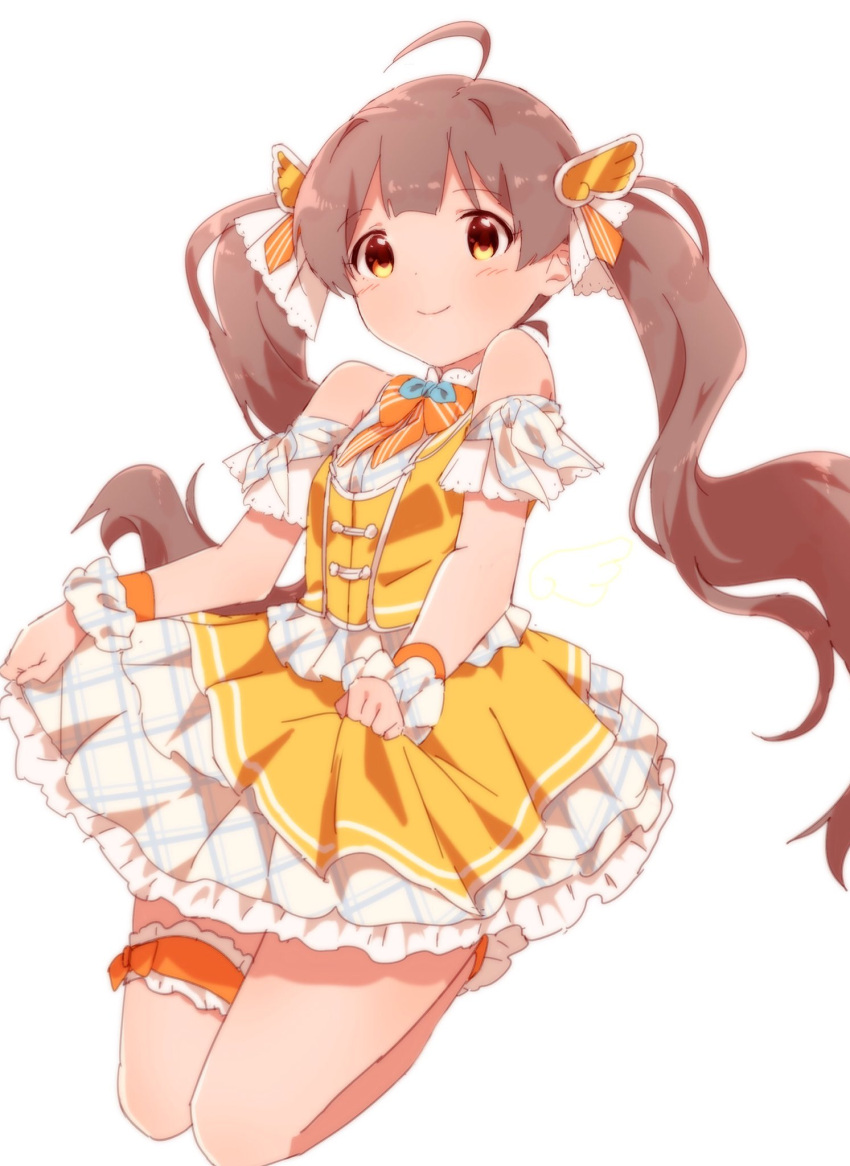 1girl, ahoge, arm_garter, blush, bow, bowtie, breasts, brown_hair, closed_mouth, dot_nose, dress, floating_hair, hair_bow, hair_ribbon, hakozaki_serika, highres, idolmaster, idolmaster_million_live!, idolmaster_million_live!_theater_days, kneeling, layered_dress, long_hair, looking_at_viewer, norada, orange_bow, orange_bowtie, orange_ribbon, orange_wristband, plaid_clothes, plaid_dress, ribbon, scrunchie, simple_background, skirt_hold, small_breasts, smile, solo, thigh_strap, twintails, two-tone_dress, very_long_hair, white_background, white_dress, white_scrunchie, wing_hair_ornament, wrist_scrunchie, yellow_dress, yellow_eyes
