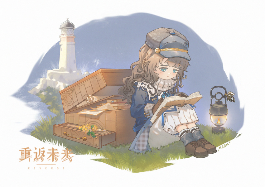 1girl, ankle_boots, blue_coat, blue_eyes, blue_sky, book, book_on_lap, boots