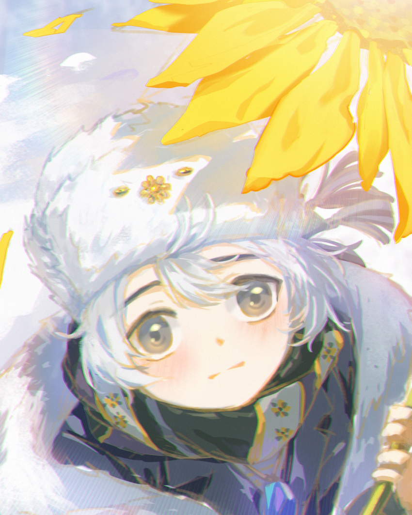 1boy, :|, absurdres, avgust_(reverse:1999), blue_gemstone, blue_jacket, child, closed_mouth