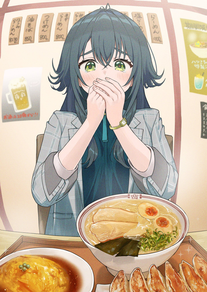 1girl, antenna_hair, ayuppe, blazer, blue_hair, blue_shirt, blush, bowl