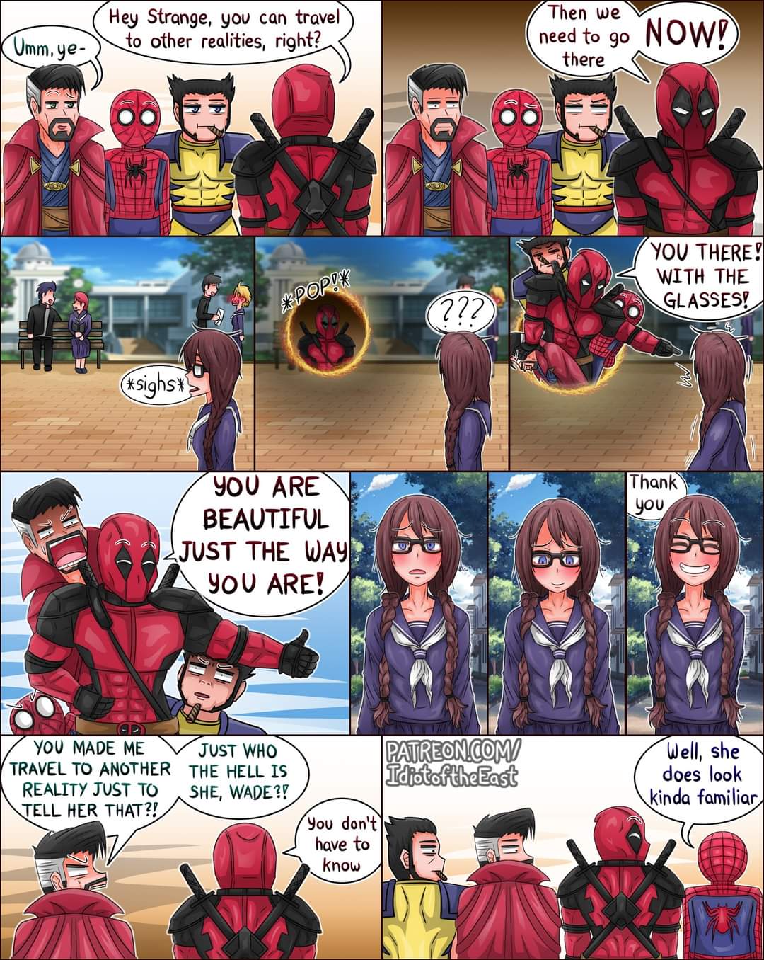 1girl, cigar, deadpool, deadpool_&amp;_wolverine, doctor_strange, emergence, emergence_(shindol), facial_hair, glasses, idiotoftheeast, long_hair, marvel, marvel_cinematic_universe, multiple_boys, spider-man, time_paradox, twin_braids, wolverine, wolverine_(x-men), yoshida_saki
