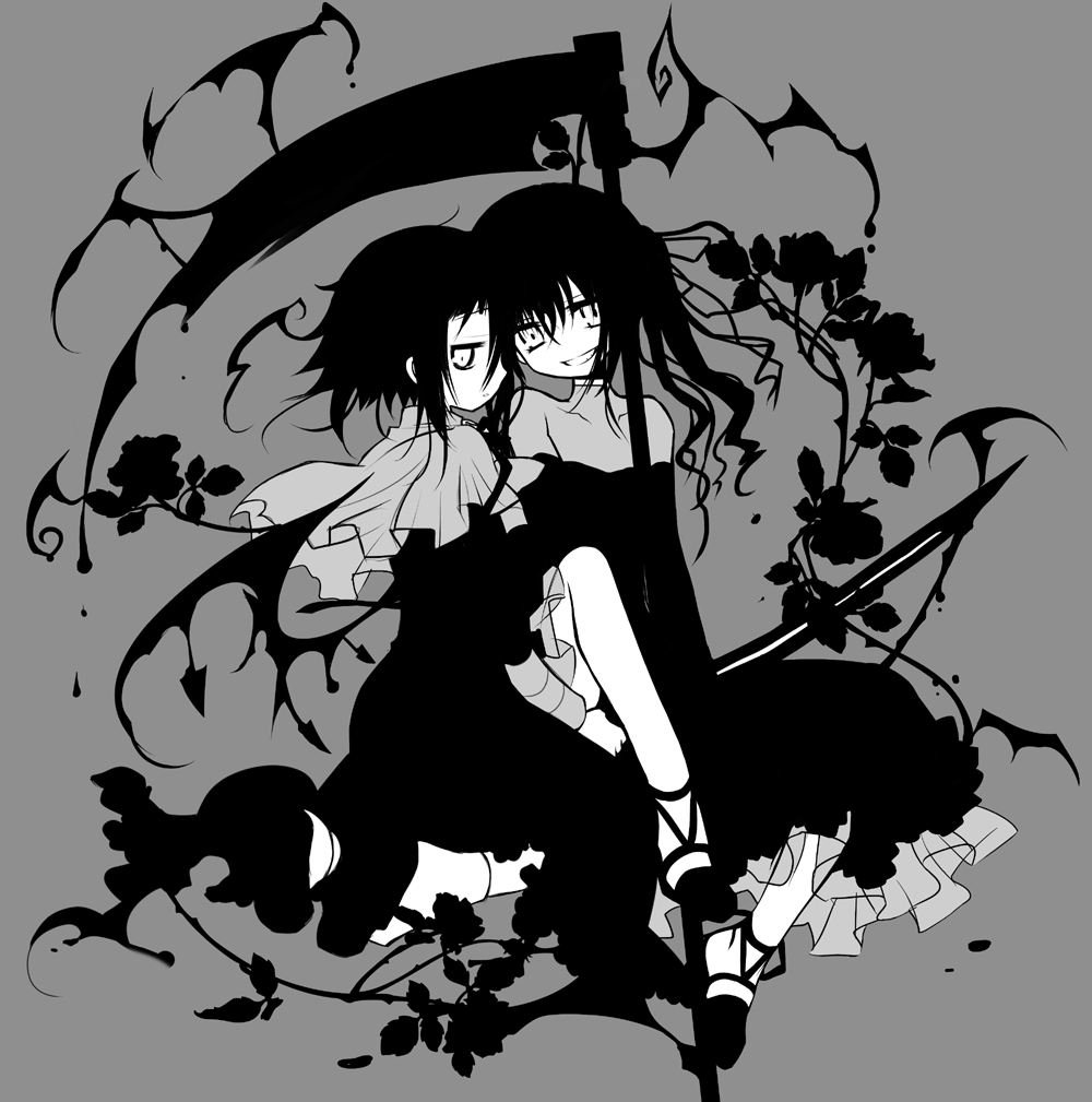 2girls, character_request, dress, grin, maka_albarn, makenshi_chrona, monochrome, multiple_girls, ragnarok_(demon_sword), sakurazawa_izumi, scythe, shoes, short_hair, simple_background, smile, soul_eater, soul_eater_(character), sword, weapon