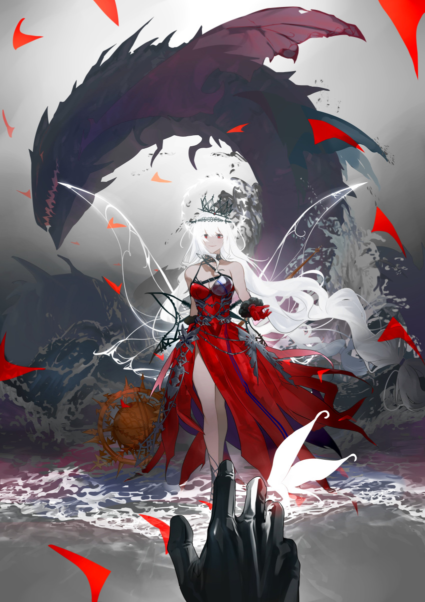 1boy, 1girl, absurdres, alternate_costume, arknights, black_gloves, doctor_(arknights), dress, furiwo, gloves, highres, ocean, reaching_towards_another, red_dress, red_eyes, skadi's_seaborn_(arknights), skadi_(arknights), skadi_the_corrupting_heart_(arknights), waves, white_hair