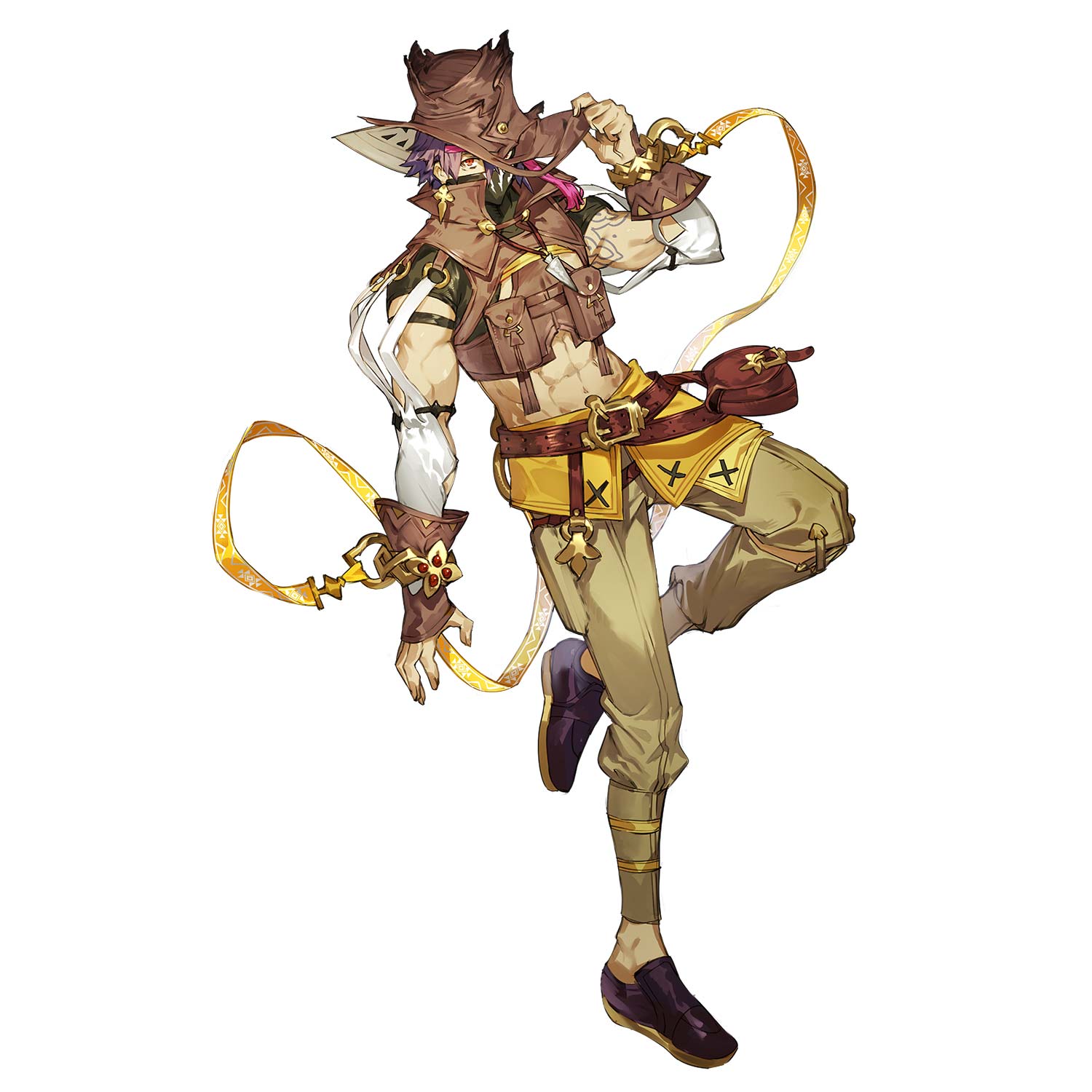 1boy, abs, arm_tattoo, atelier_(series), atelier_ryza, atelier_ryza_2, belt_pouch, black_footwear