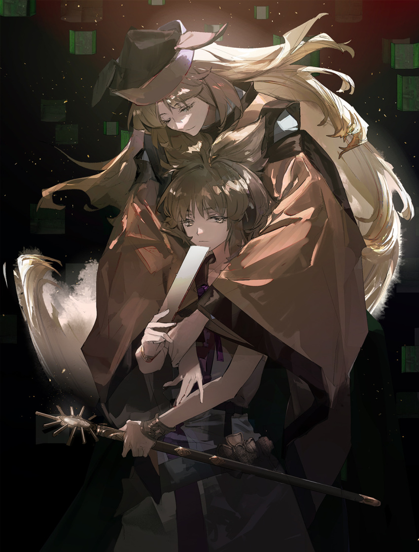 2girls, belt, black_background, black_belt, black_hat, blonde_hair, bracelet, brown_eyes