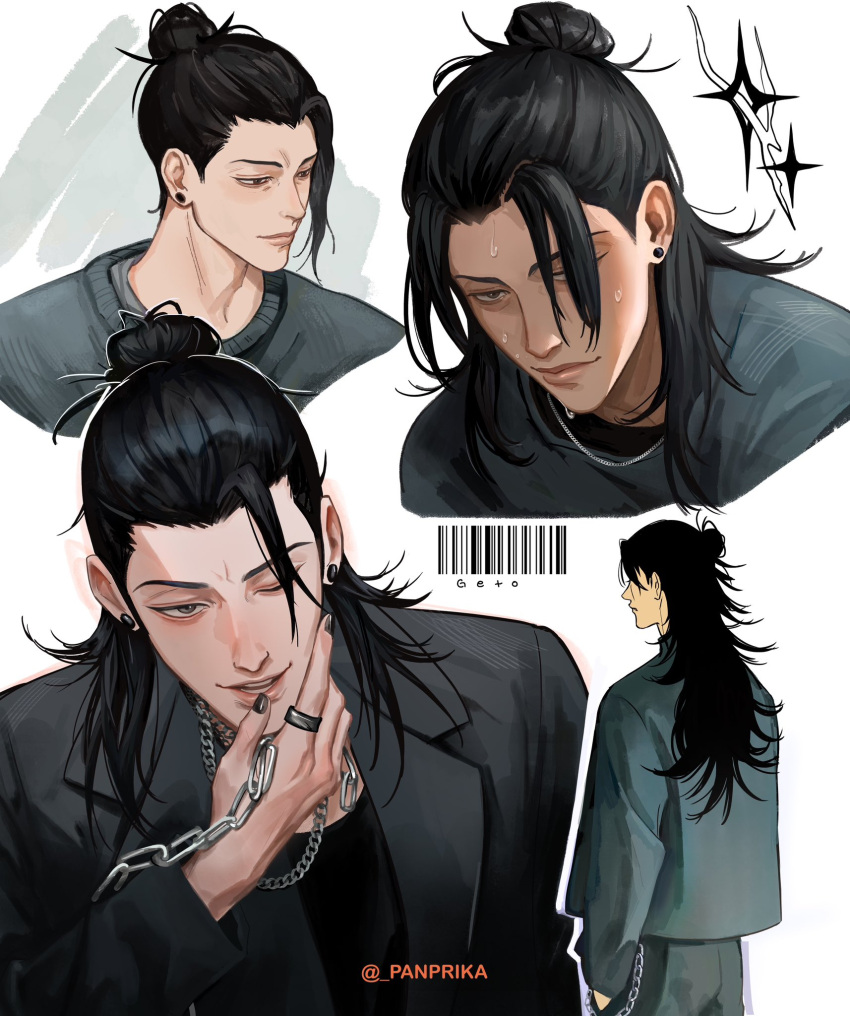 1boy, artist_name, barcode, black_eyes, black_hair, black_jacket, black_nails, black_shirt