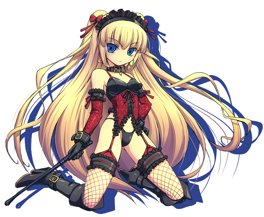 black_boots, black_panties, blush, collar, dominatrix, earrings, elbow_gloves, femdom, fishnet_legwear, fishnet_stockings, fishnets, gloves, hair_ribbon, jewelry, kneeling, legwear, long_hair, mistress, original, panties, ribbon, riding_crop, shimamoto_utsumi, solo, thigh-highs, thighhighs, twintails, underwear, very_long_hair, whip