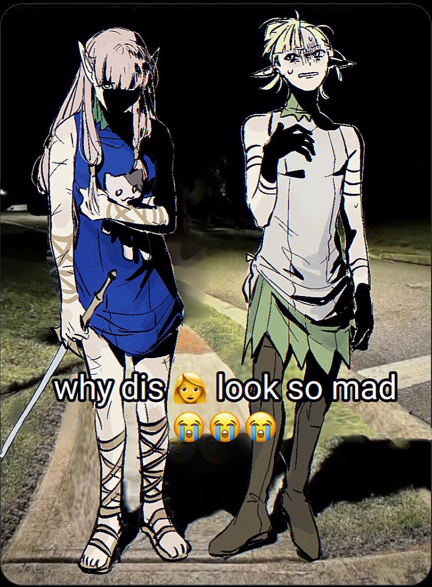 1boy, 1girl, black_sky, blonde_hair, boots, crying_emoji, dungeon_meshi, elf