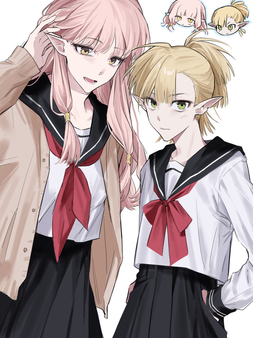 1boy, 1girl, absurdres, black_sailor_collar, black_skirt, blonde_hair, bow, brown_cardigan