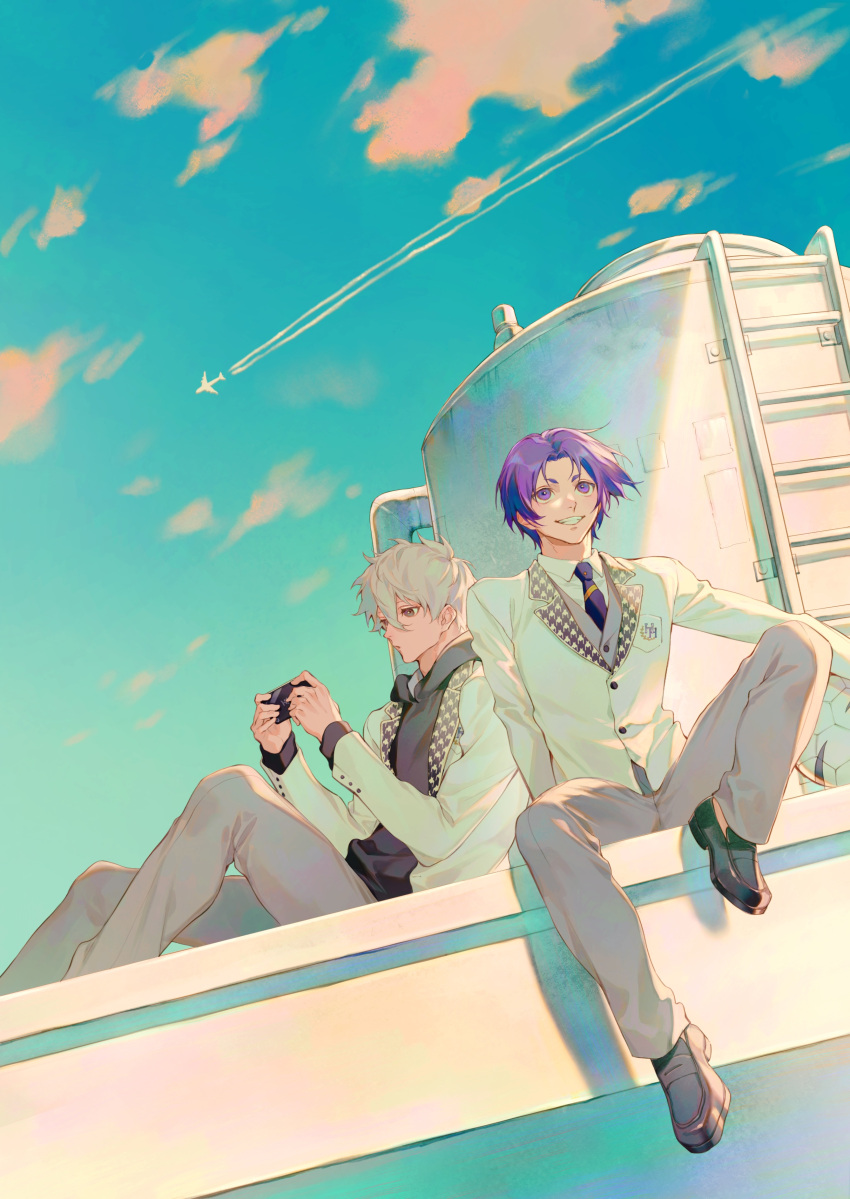 2boys, absurdres, aircraft, airplane, black_eyes, black_footwear, black_hoodie, black_necktie