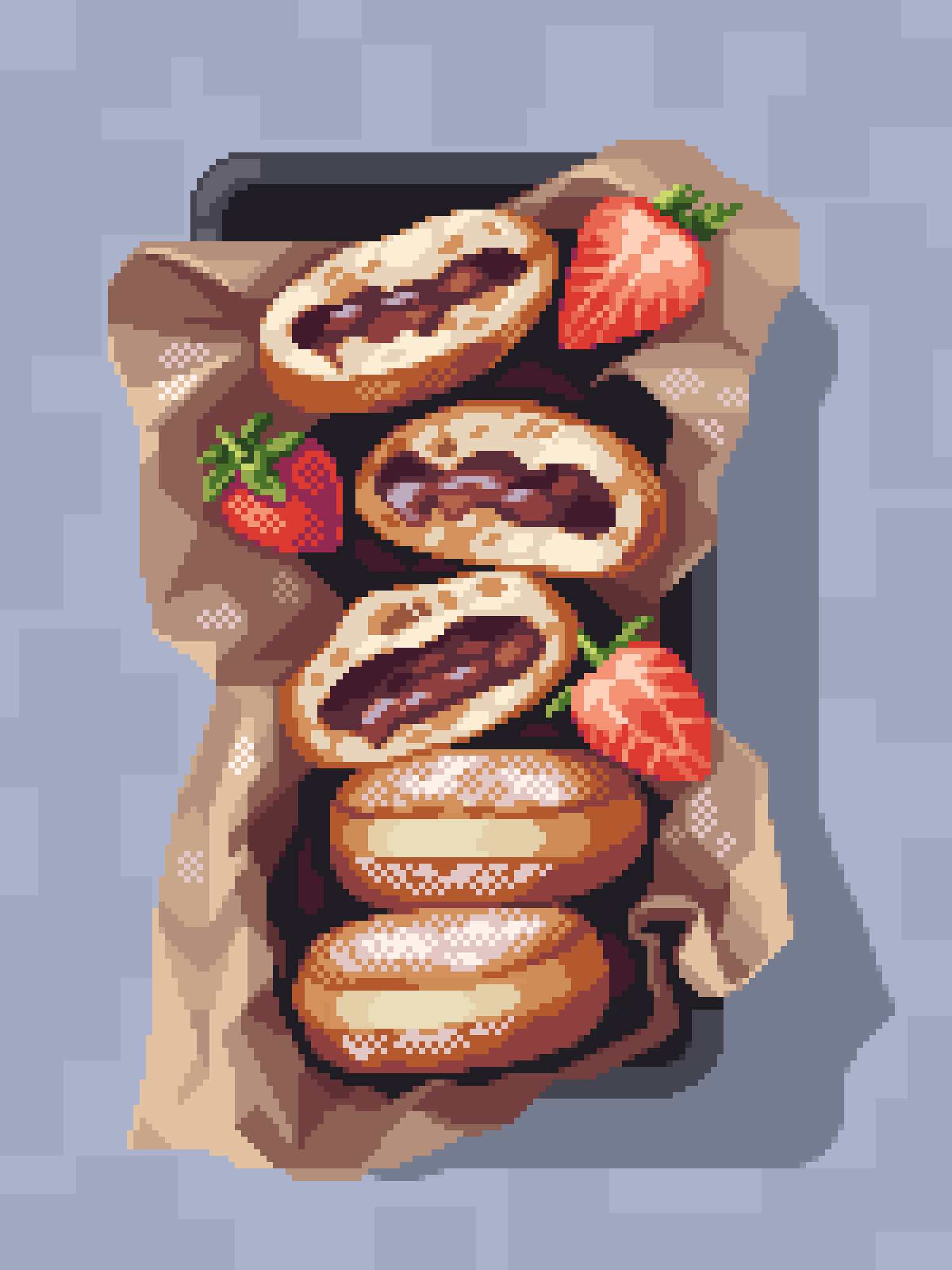 bag, blue_background, chocolate_doughnut, cream, doughnut, food, food_focus, fruit