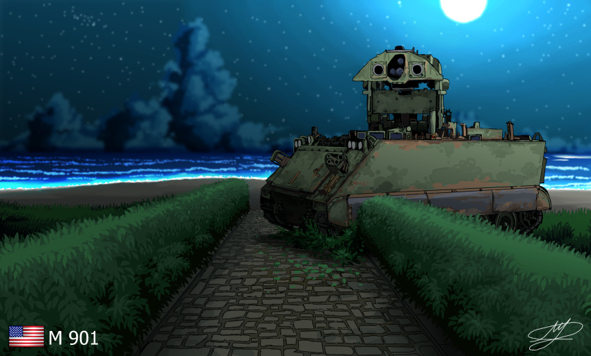american_flag, beach, bush, hans_(pixiv_37537768), highres, m901, military, military_vehicle