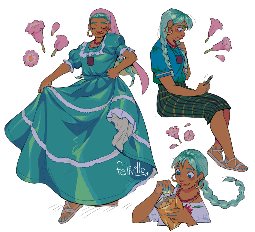 1girl, absurdres, aqua_dress, aqua_eyes, aqua_nails, bead_necklace, beads, blue_shirt, braid, cellphone, chips_(food), dark-skinned_female, dark_skin, dress, earrings, english_commentary, feliville, flower, food, green_skirt, hatsune_miku, highres, hoop_earrings, jewelry, mole, mole_above_eye, mole_under_mouth, multiple_views, necklace, phone, sandals, shirt, sitting, skirt, skirt_hold, twin_braids, vocaloid, white_background
