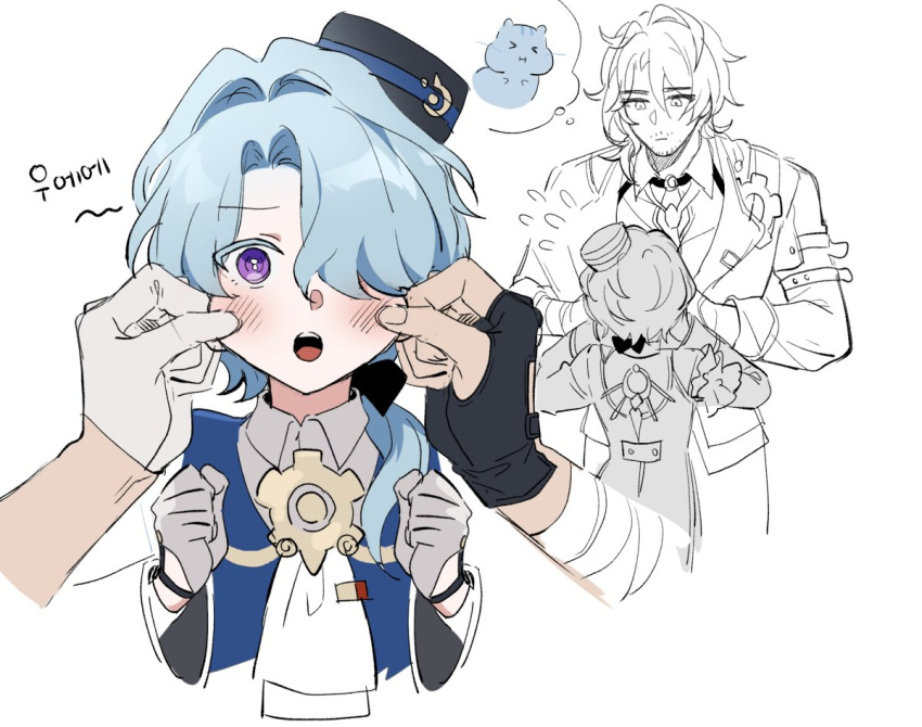 2boys, blue_hair, cheek_pinching, cm_(tenji1352), gallagher_(honkai:_star_rail), hair_over_one_eye, hamster, hat