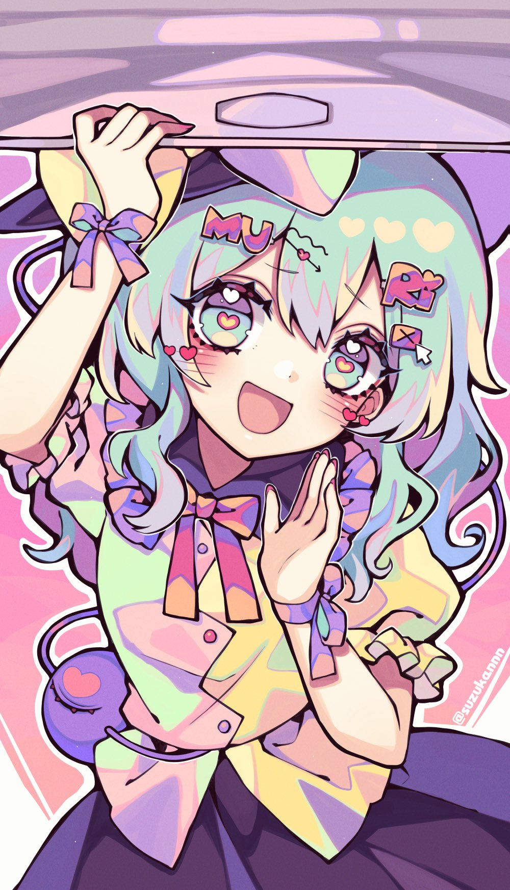 1girl, :d, black_hat, black_skirt, blue_bow, blush, bow, bowtie
