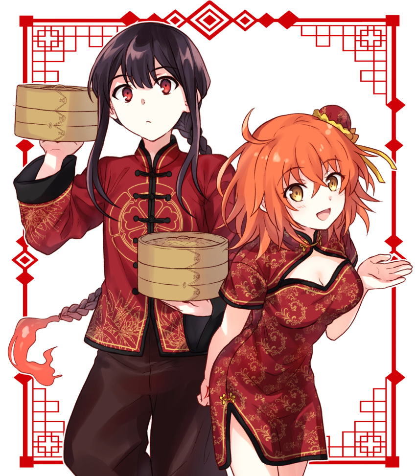 1boy, 1girl, :d, ahoge, alternate_costume, alternate_hairstyle, arm_up, bamboo_steamer