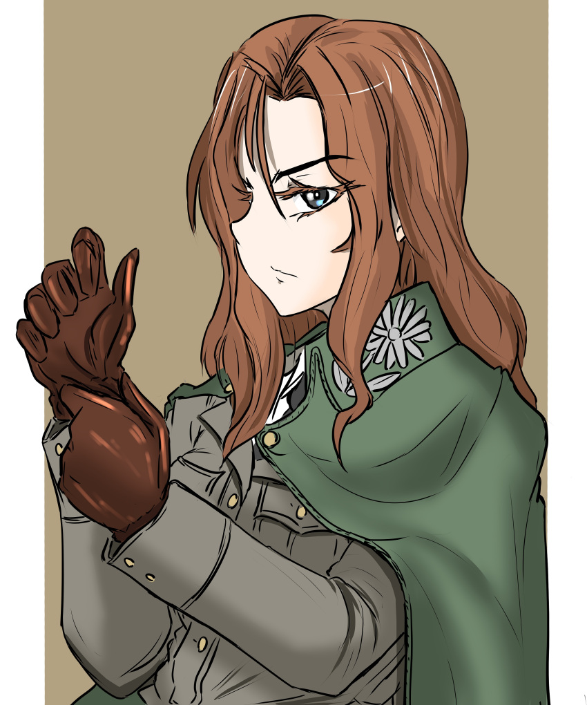 1girl, absurdres, bonple_military_uniform, cape, collared_shirt, from_side, frown, girls_und_panzer