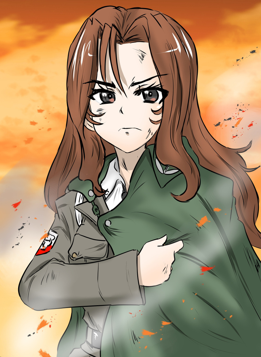 1girl, absurdres, bonple_military_uniform, cape, collared_shirt, girls_und_panzer, highres, jacket