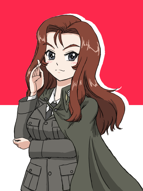 1girl, bonple_military_uniform, cape, collared_shirt, flag_background, girls_und_panzer, long_hair, looking_at_viewer