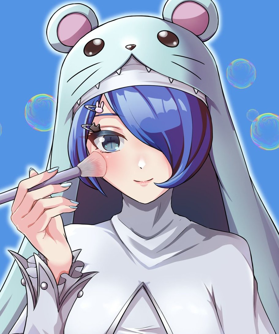 1girl, blue_background, blue_eyes, blue_hair, cross-shaped_pupils, digimon, dress, habit, hair_over_one_eye, holding_makeup_brush, looking_at_viewer, manchi_kansuke, pink_lips, simple_background, sistermon_ciel, smile, solo, symbol-shaped_pupils, upper_body, white_dress