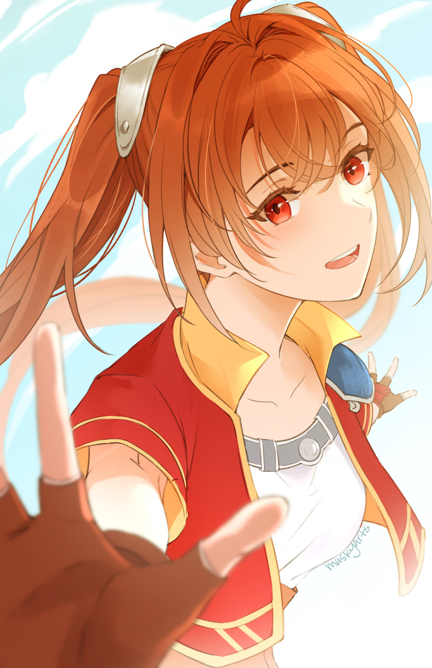 1girl, ahoge, armor, artist_name, blurry, blurry_foreground, brown_gloves, brown_hair, collarbone, cropped_jacket, double-parted_bangs, eiyuu_densetsu, english_commentary, estelle_bright, fingerless_gloves, gloves, highres, jacket, leather, leather_gloves, long_hair, looking_at_viewer, maskyarts, open_mouth, red_eyes, red_jacket, shirt, shoulder_armor, solo, sora_no_kiseki, teeth, twintails, upper_body, upper_teeth_only, white_shirt