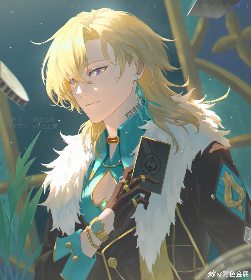 1boy, absurdres, aqua_shirt, aventurine_(honkai:_star_rail), black_gloves, black_jacket, blonde_hair, card