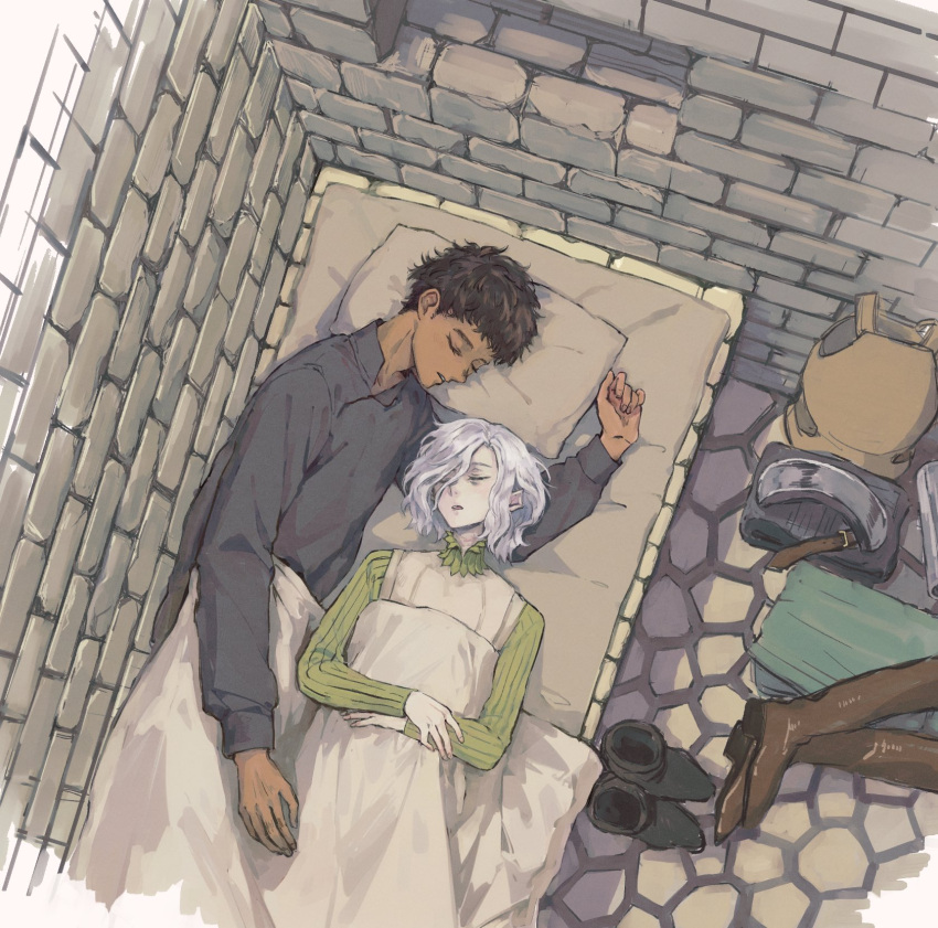 2boys, bags_under_eyes, black_hair, brick_wall, curly_hair, dark-skinned_male, dark_skin, dungeon_meshi