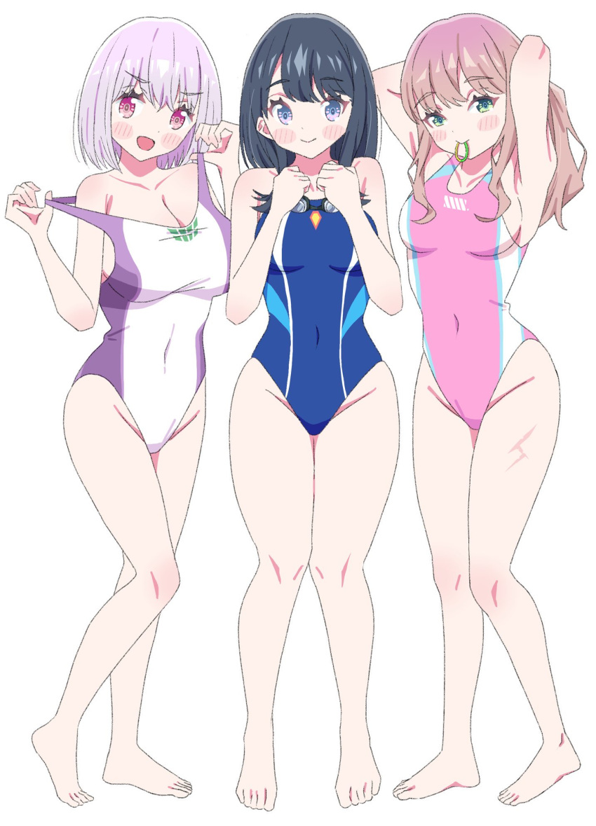 3girls, black_hair, blue_eyes, blue_one-piece_swimsuit, blush, breasts, brown_hair, green_eyes